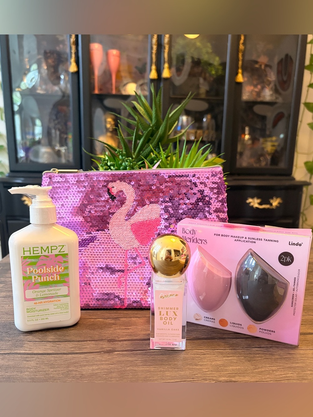 Hempz Poolside Punch Gift Set with Pink Sequin Tarte Flamingo Pouch -5pcs bundle